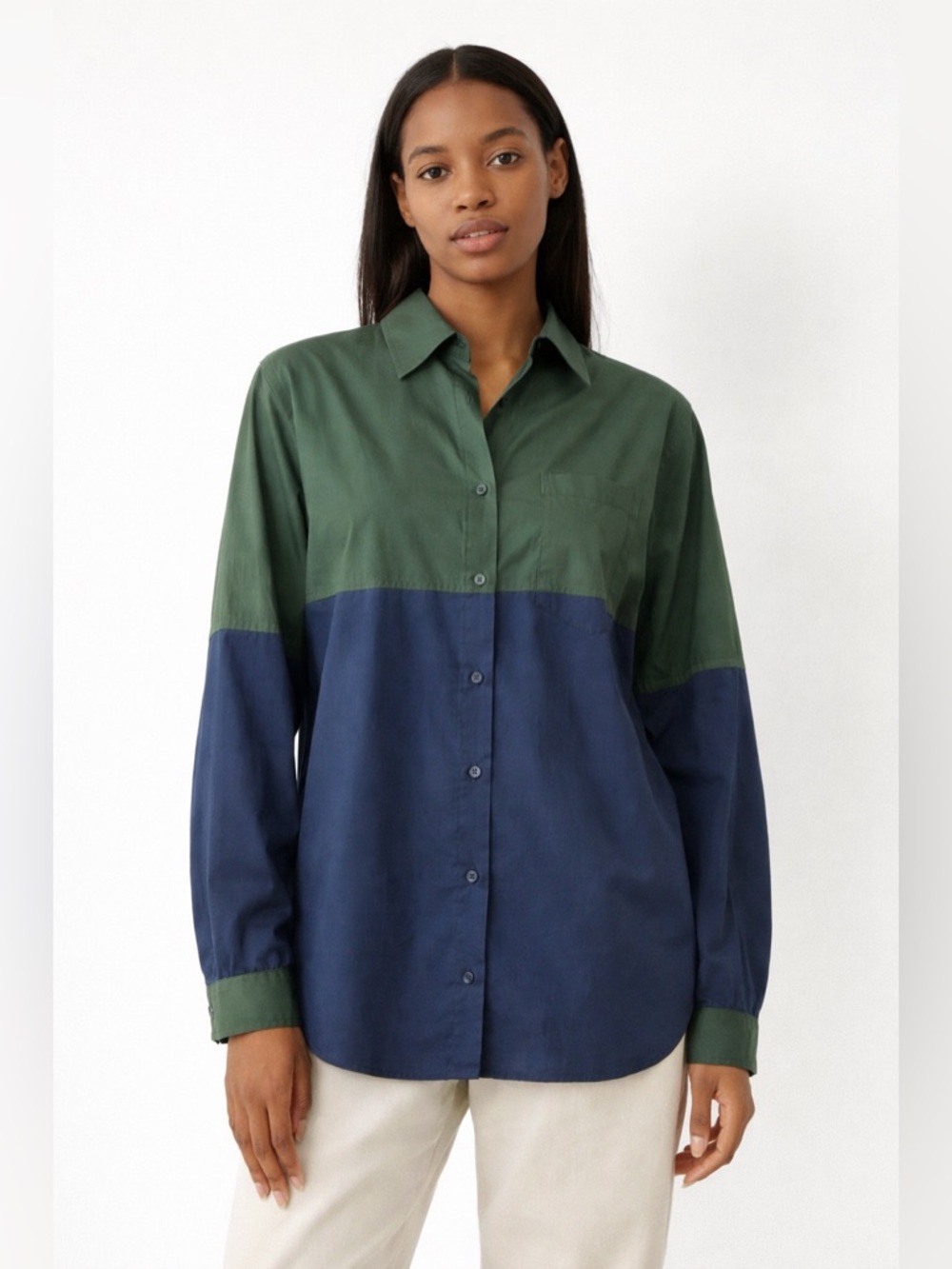 Jijil 100% Cotton Two-Tone Button-Up Shirt | Green&Navy Colourblock Long Sleeve